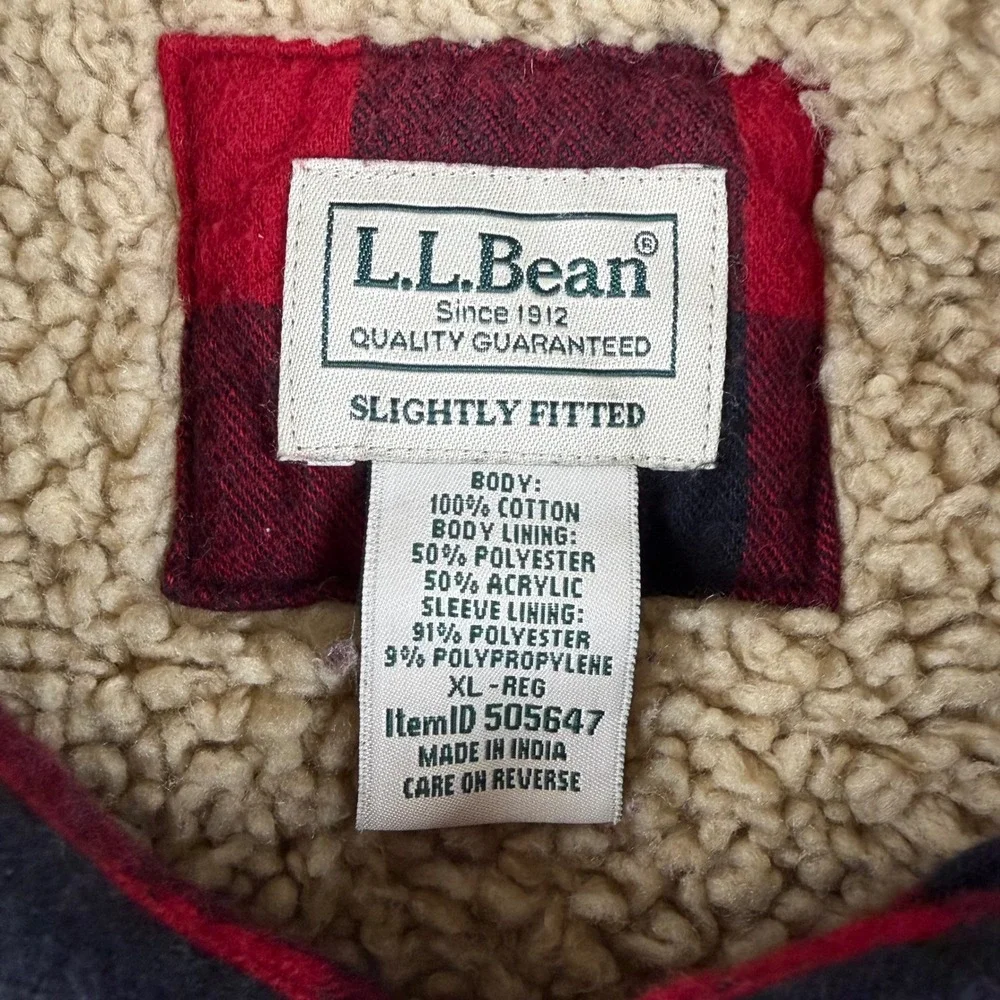 LL Bean Sherpa Lined Scotch Plaid Flannel Shirt Jacket Mens XL Red Buffalo Snap